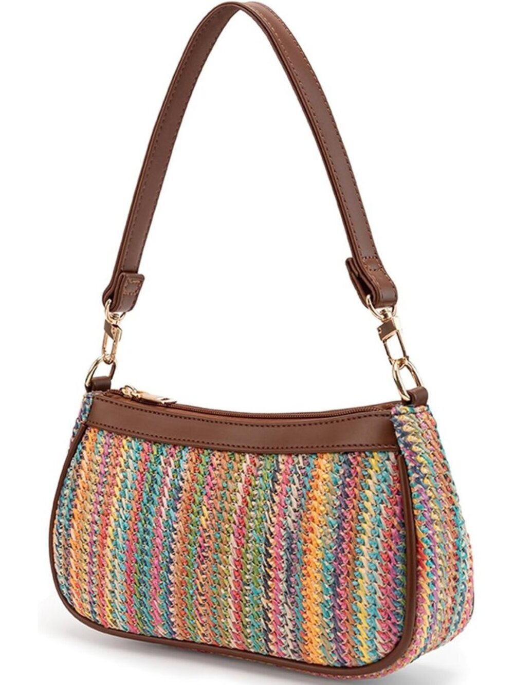 Womens Straw Flower Retro Vegan Leather Hobo Shoulder Multi Pocket Crossbody Bag
